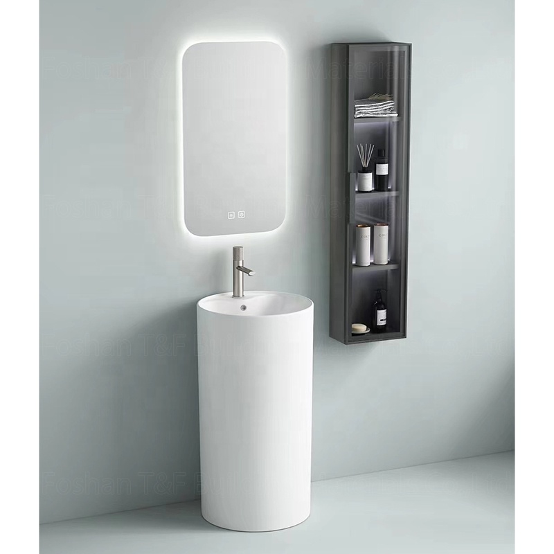 One Piece Floor Freestanding Bathroom Balcony Sink Solid Surface Ceramic Hand Wash Pedestal Basin