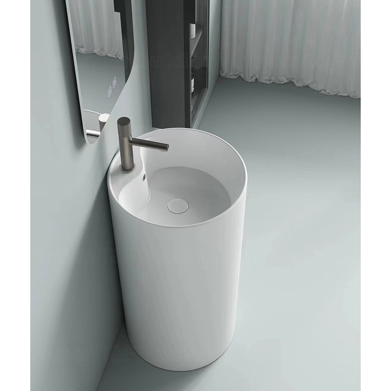 One Piece Floor Freestanding Bathroom Balcony Sink Solid Surface Ceramic Hand Wash Pedestal Basin