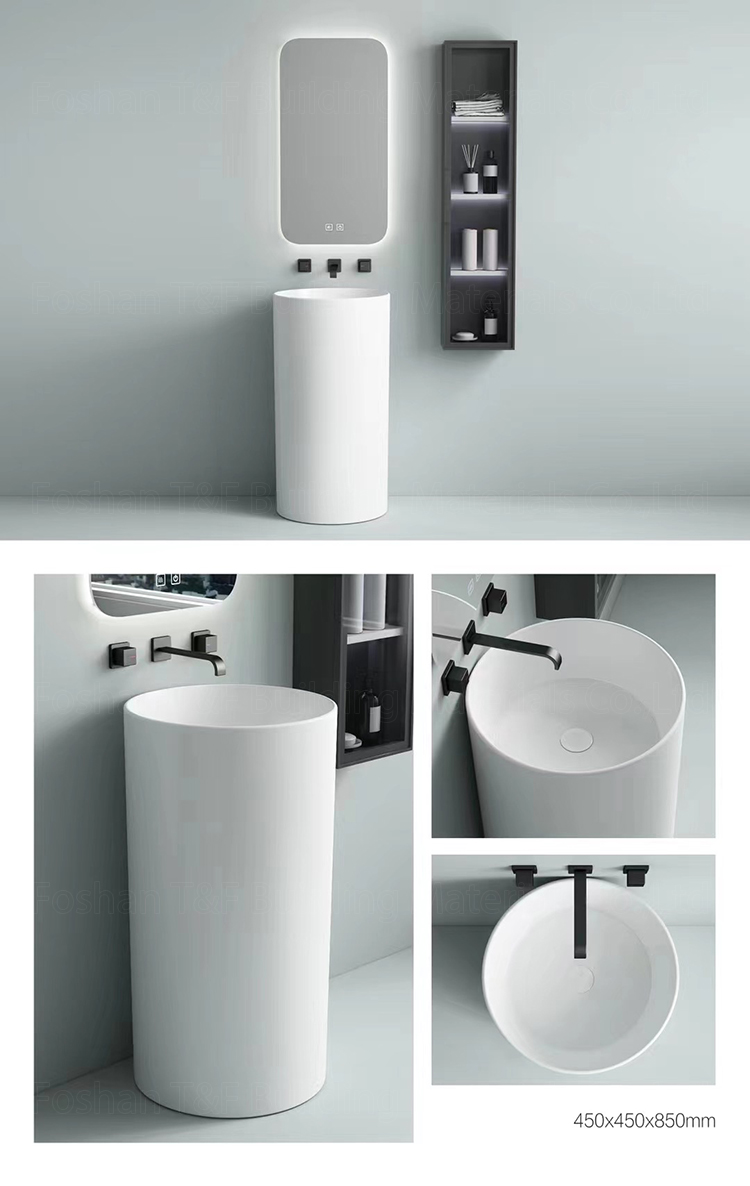 One Piece Floor Freestanding Bathroom Balcony Sink Solid Surface Ceramic Hand Wash Pedestal Basin