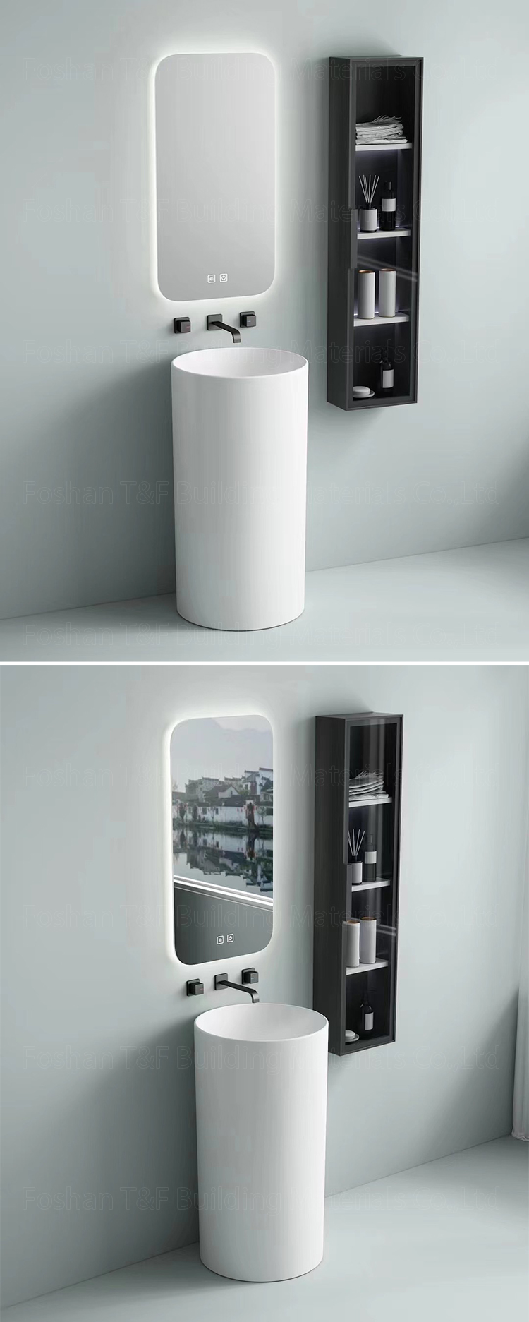 One Piece Floor Freestanding Bathroom Balcony Sink Solid Surface Ceramic Hand Wash Pedestal Basin