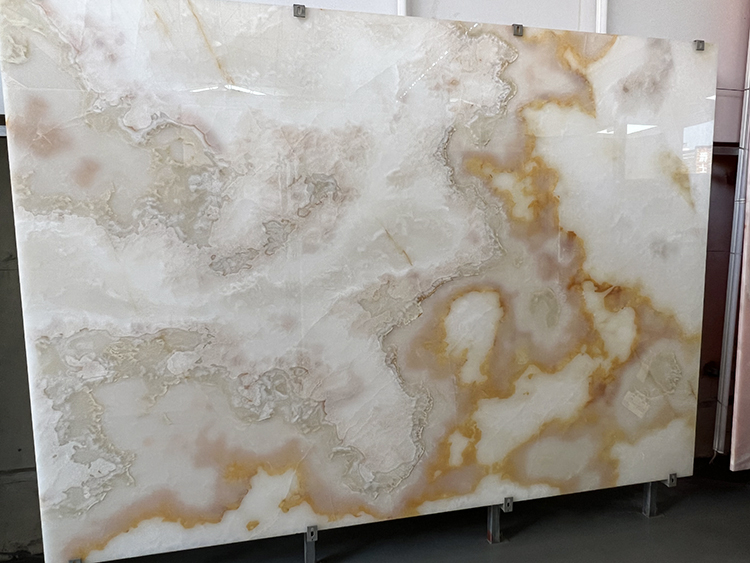 Book Match Translucent Onyx Wall Panel Cladding Decoration Orange Yellow Veins White Onyx Marble Slab
