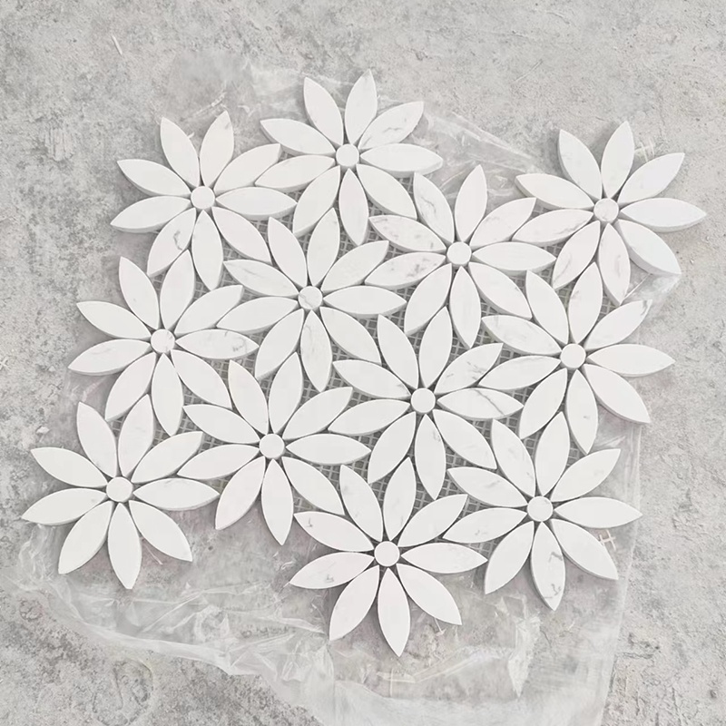 Light Luxury Backsplash Wall Decoration Carrara White Daisy Flower Pattern Waterjet Marble Stone Mosaic Tiles