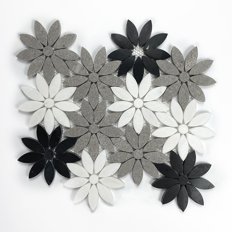Light Luxury Backsplash Wall Decoration Carrara White Daisy Flower Pattern Waterjet Marble Stone Mosaic Tiles