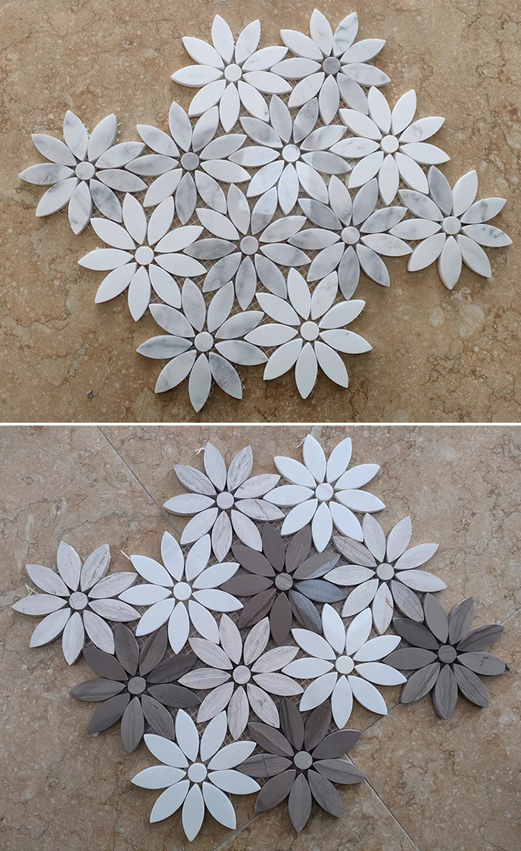 Light Luxury Backsplash Wall Decoration Carrara White Daisy Flower Pattern Waterjet Marble Stone Mosaic Tiles