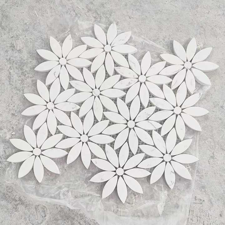 Light Luxury Backsplash Wall Decoration Carrara White Daisy Flower Pattern Waterjet Marble Stone Mosaic Tiles