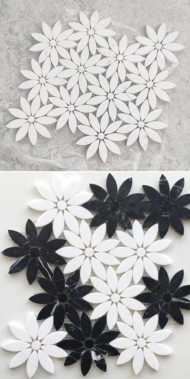 Light Luxury Backsplash Wall Decoration Carrara White Daisy Flower Pattern Waterjet Marble Stone Mosaic Tiles