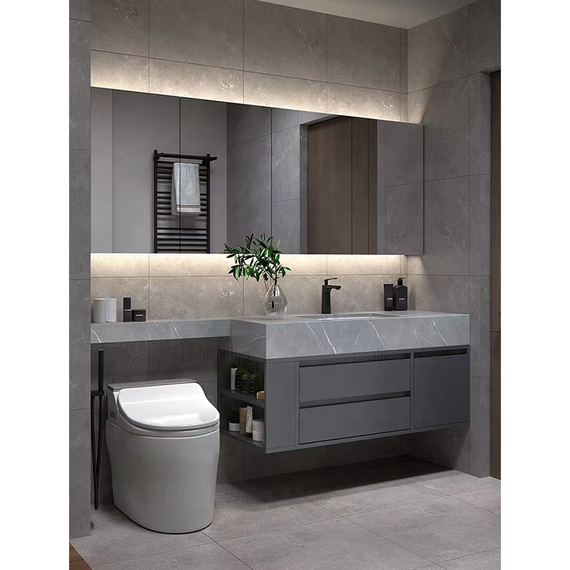 Light Luxury Extension Cut Corner Custom Sintered Stone Bathroom Washbasin Toilet Vanity Smart LED Mirrored Cabinet with Sink