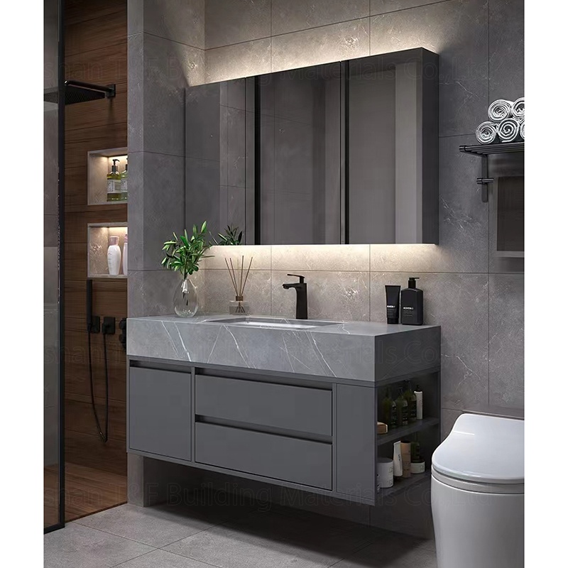 Light Luxury Extension Cut Corner Custom Sintered Stone Bathroom Washbasin Toilet Vanity Smart LED Mirrored Cabinet with Sink