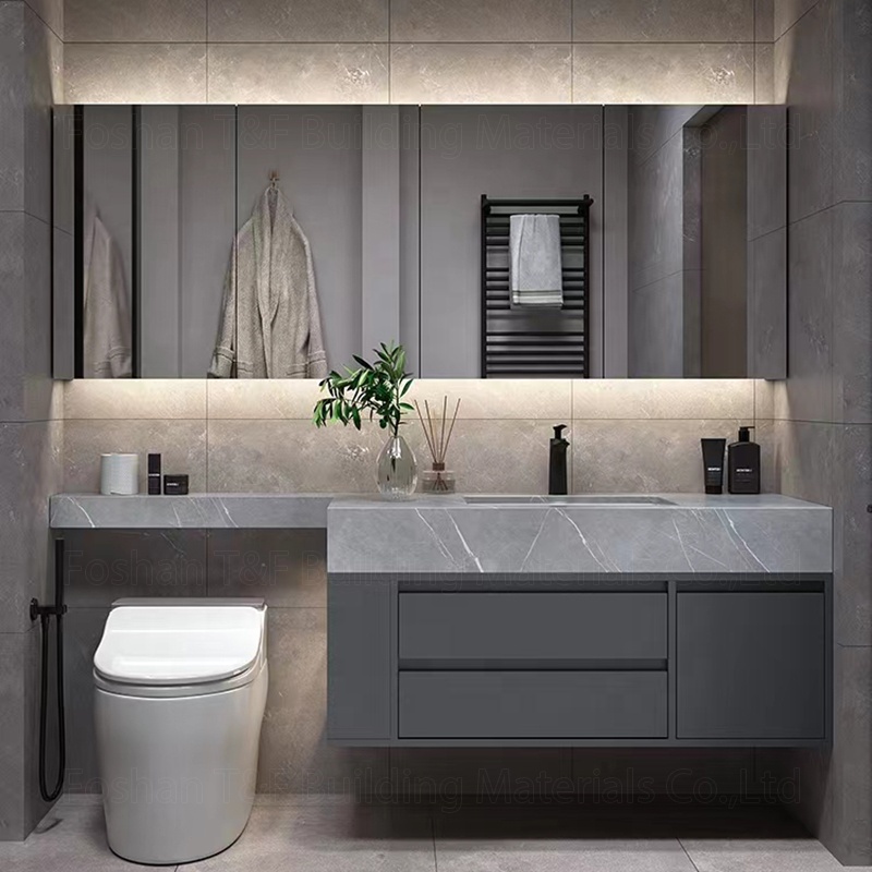Light Luxury Extension Cut Corner Custom Sintered Stone Bathroom Washbasin Toilet Vanity Smart LED Mirrored Cabinet with Sink