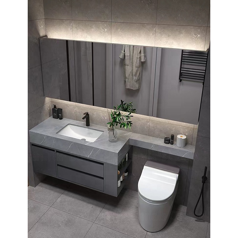 Light Luxury Extension Cut Corner Custom Sintered Stone Bathroom Washbasin Toilet Vanity Smart LED Mirrored Cabinet with Sink