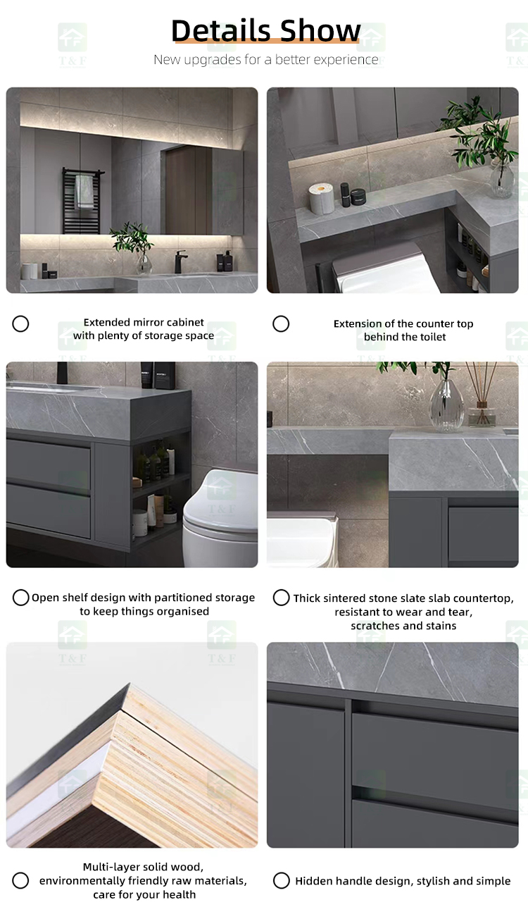 Light Luxury Extension Cut Corner Custom Sintered Stone Bathroom Washbasin Toilet Vanity Smart LED Mirrored Cabinet with Sink