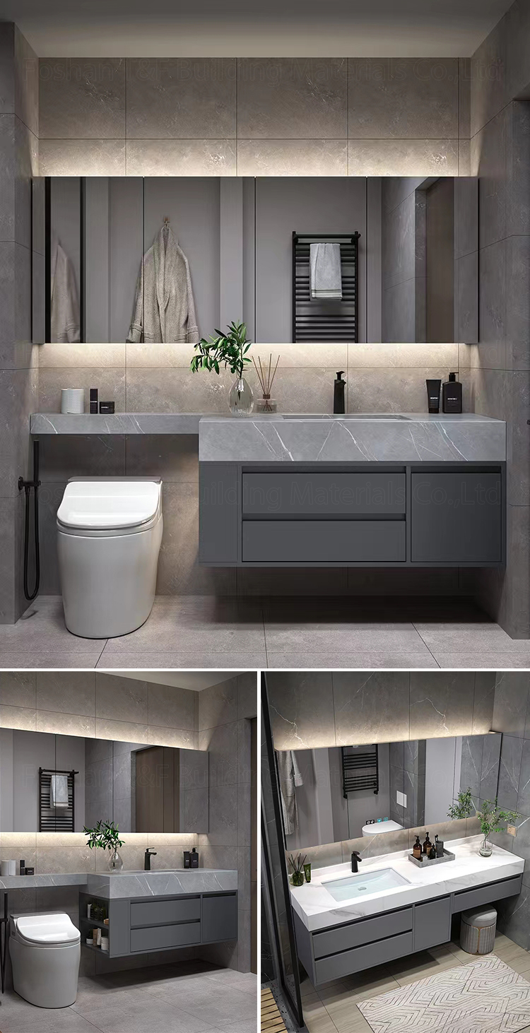 Light Luxury Extension Cut Corner Custom Sintered Stone Bathroom Washbasin Toilet Vanity Smart LED Mirrored Cabinet with Sink