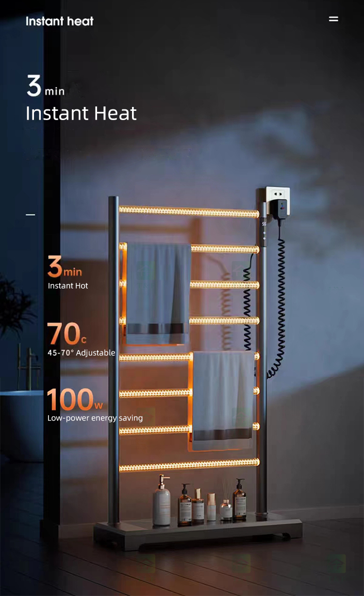 Black 304 Stainless Steel Stand Towel Rail Electric Heated Free Standing Hot Towel Rack Warmer