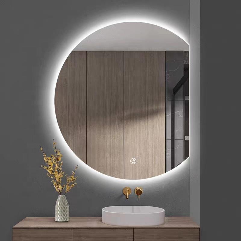Hotel Bathroom Vanity Wall Half Round Mirror Customized Led Backlit Defogger Smart Half Moon Bath Mirrors
