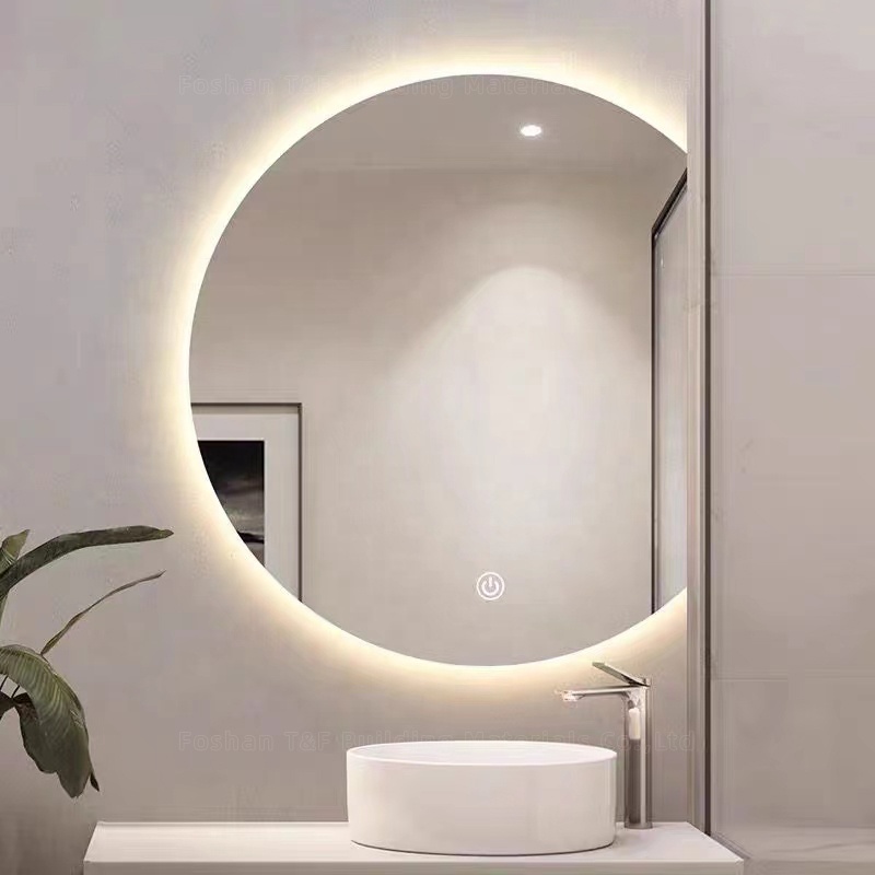 Hotel Bathroom Vanity Wall Half Round Mirror Customized Led Backlit Defogger Smart Half Moon Bath Mirrors