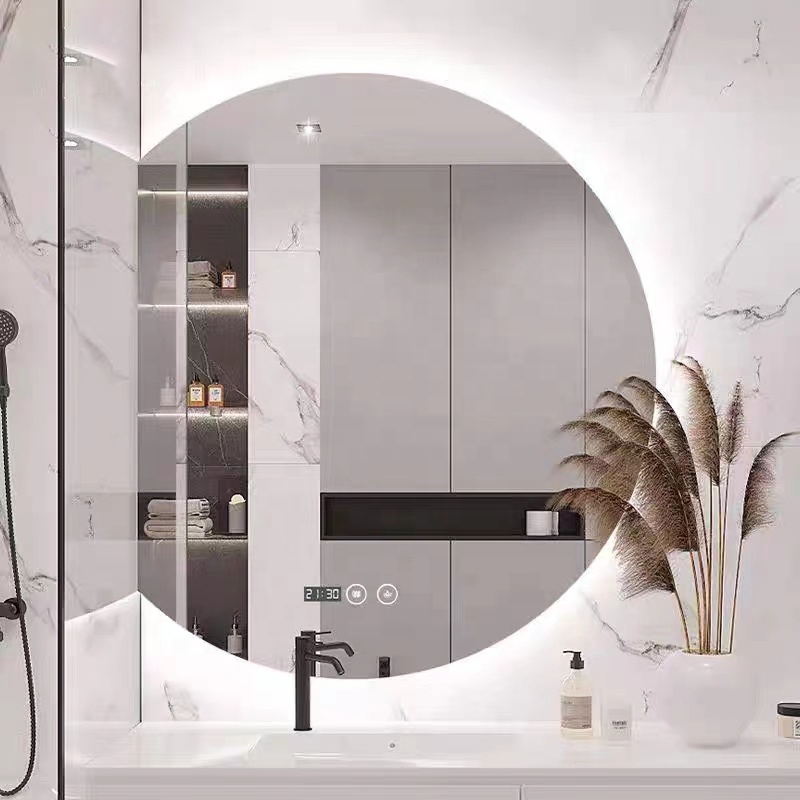 Hotel Bathroom Vanity Wall Half Round Mirror Customized Led Backlit Defogger Smart Half Moon Bath Mirrors
