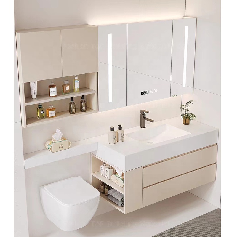 New Cream Design Bath Room Vanity Units Solid Surface Wash Basin Wooden Panel Bathroom Cabinet With Mirror