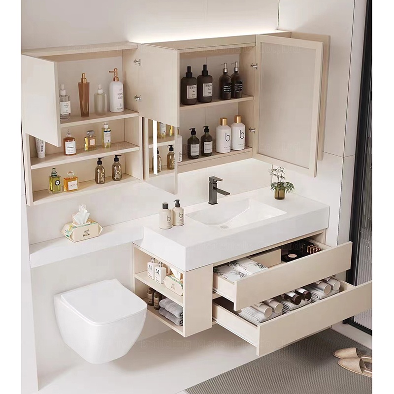 New Cream Design Bath Room Vanity Units Solid Surface Wash Basin Wooden Panel Bathroom Cabinet With Mirror