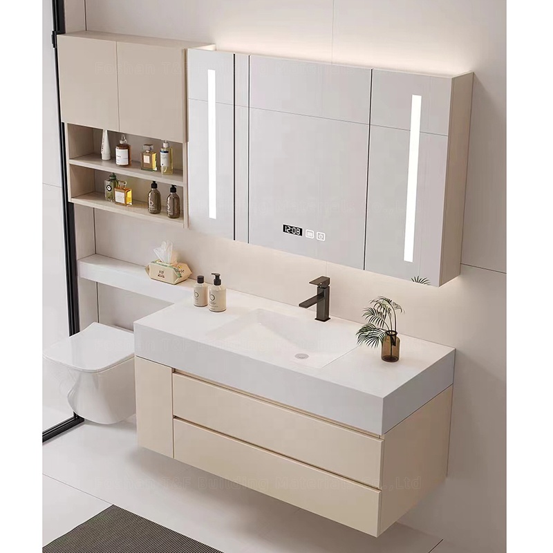 New Cream Design Bath Room Vanity Units Solid Surface Wash Basin Wooden Panel Bathroom Cabinet With Mirror