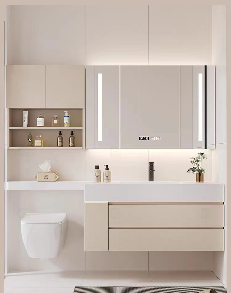 New Cream Design Bath Room Vanity Units Solid Surface Wash Basin Wooden Panel Bathroom Cabinet With Mirror