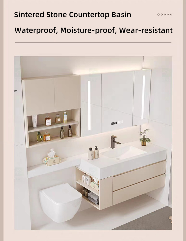 New Cream Design Bath Room Vanity Units Solid Surface Wash Basin Wooden Panel Bathroom Cabinet With Mirror