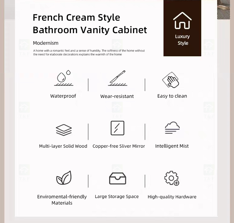 New Cream Design Bath Room Vanity Units Solid Surface Wash Basin Wooden Panel Bathroom Cabinet With Mirror