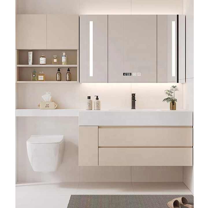 New Cream Design Bath Room Vanity Units Solid Surface Wash Basin Wooden Panel Bathroom Cabinet With Mirror