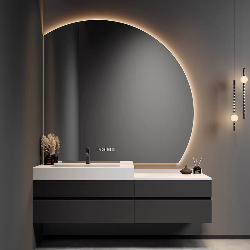 Luxury Solid Wood Bathroom Drawer Storage Vanity Cabinet With Half Moon Mirror Wash Basin for Hotel Bathroom