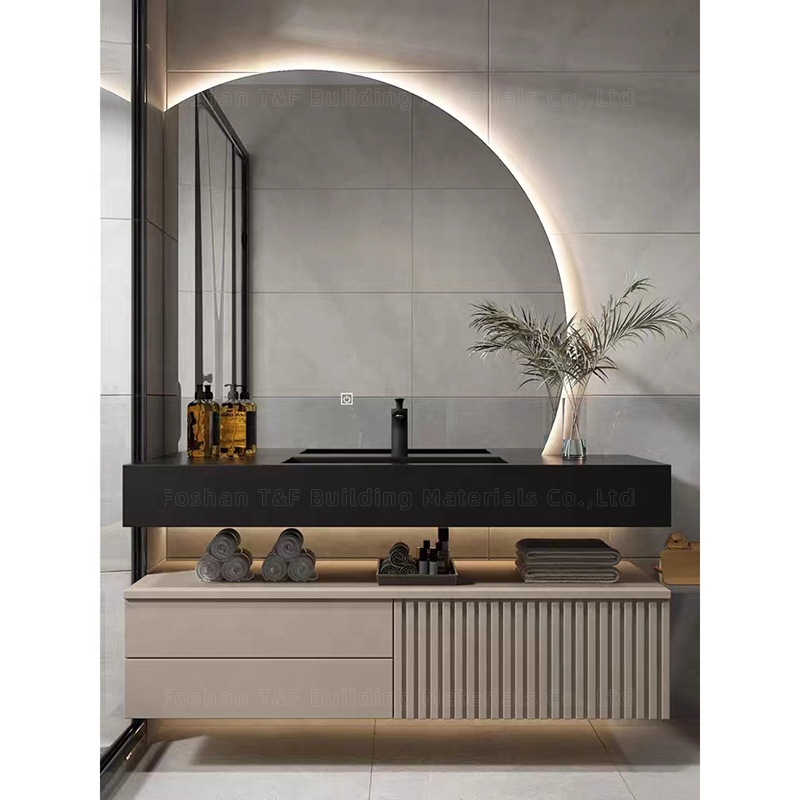 Luxury Solid Wood Bathroom Drawer Storage Vanity Cabinet With Half Moon Mirror Wash Basin for Hotel Bathroom