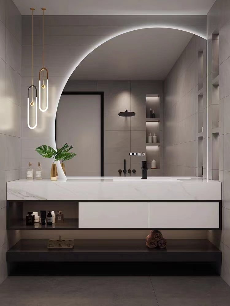 Luxury Solid Wood Bathroom Drawer Storage Vanity Cabinet With Half Moon Mirror Wash Basin for Hotel Bathroom