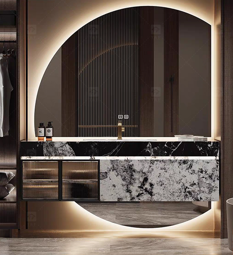 Luxury Solid Wood Bathroom Drawer Storage Vanity Cabinet With Half Moon Mirror Wash Basin for Hotel Bathroom