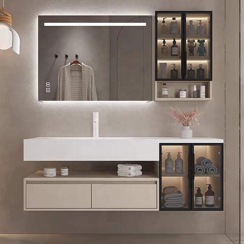 Wall Hung Solid Surface Acrylic One Piece Wash Basin Bath Sink Countertop Bathroom Furniture Vanity Cabinet