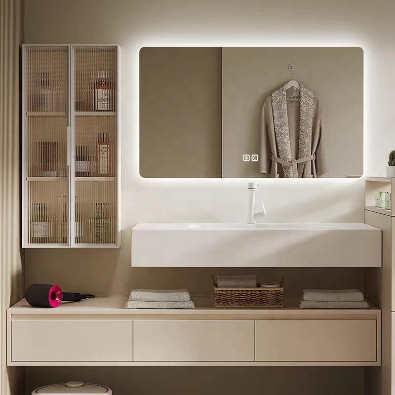 Wall Hung Solid Surface Acrylic One Piece Wash Basin Bath Sink Countertop Bathroom Furniture Vanity Cabinet