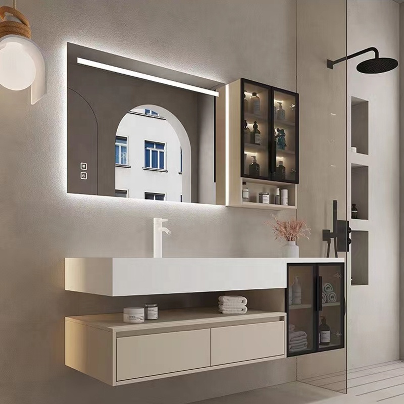 Wall Hung Solid Surface Acrylic One Piece Wash Basin Bath Sink Countertop Bathroom Furniture Vanity Cabinet
