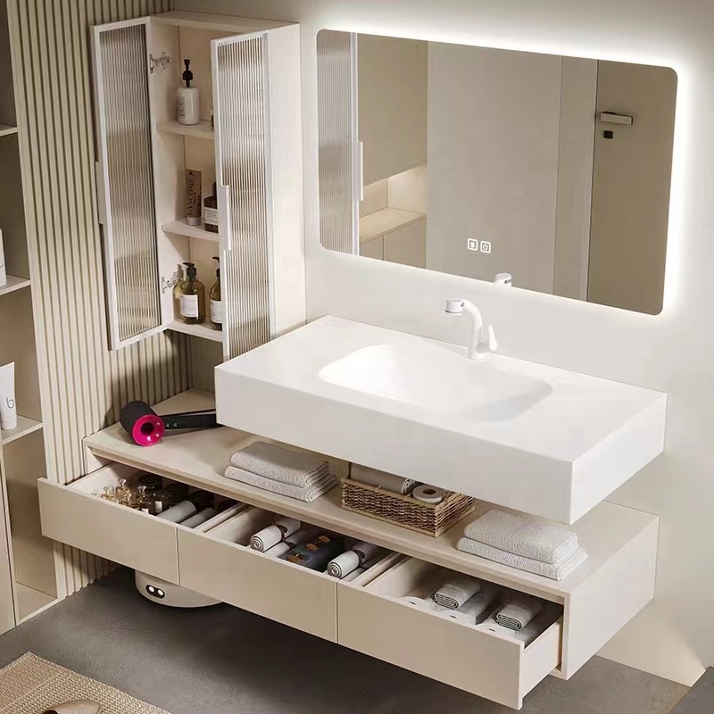 Wall Hung Solid Surface Acrylic One Piece Wash Basin Bath Sink Countertop Bathroom Furniture Vanity Cabinet