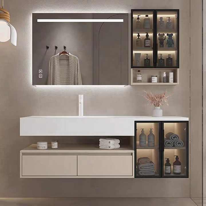Wall Hung Solid Surface Acrylic One Piece Wash Basin Bath Sink Countertop Bathroom Furniture Vanity Cabinet