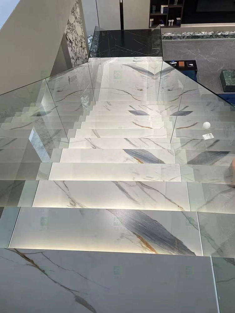 Customized Design Polished White Marble Look Porcelain Floor Tiles Stairs Matte Sintered Stone Stair Steps and Risers