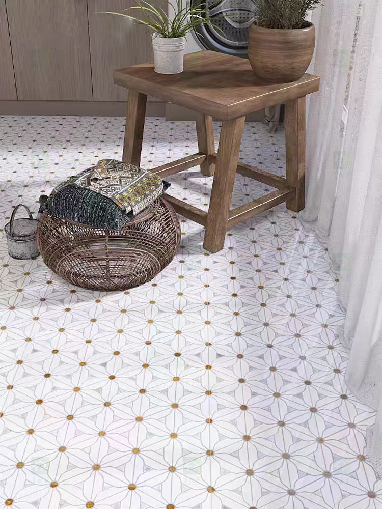 Decorative Flower Patterns White Natural Marble Mosaic Tile for Kitchen Backsplash Wall and Bathroom Floor