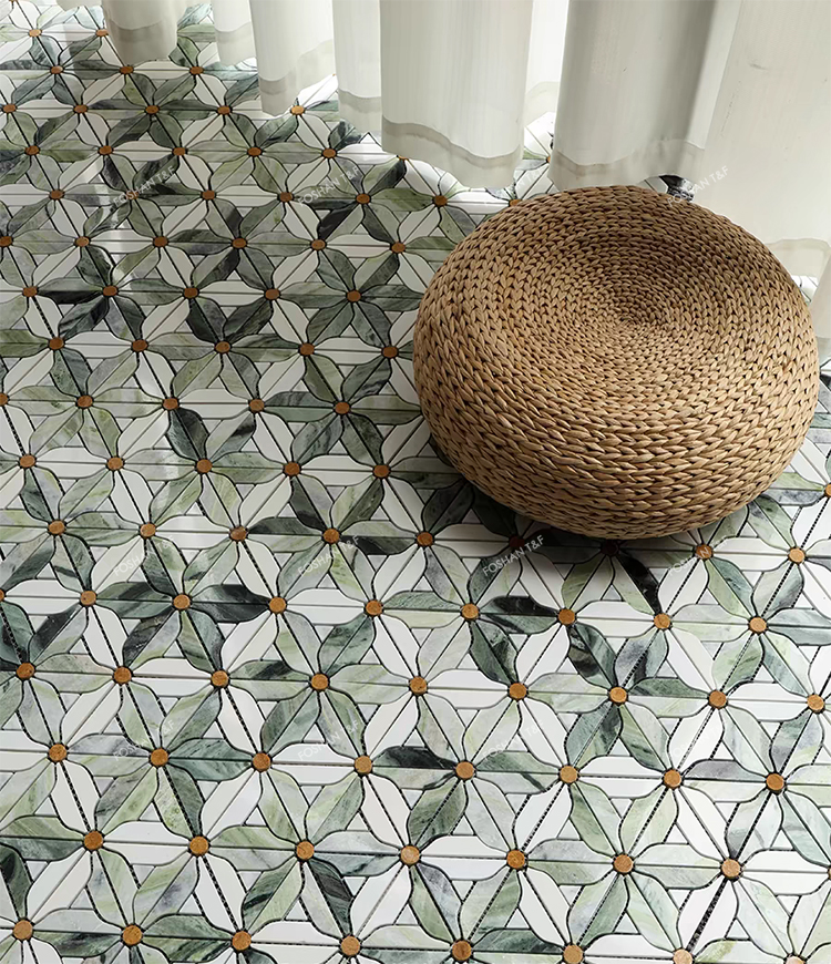 Waterjet Flower Pattern Marble Mosaic Brass Inlay Tile Mosaic Tile for Kitchen Backsplash and Bathroom Wall Tile