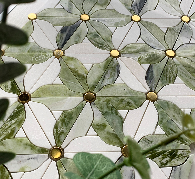 Waterjet Flower Pattern Marble Mosaic Brass Inlay Tile Mosaic Tile for Kitchen Backsplash and Bathroom Wall Tile