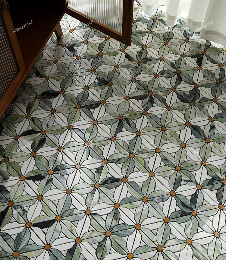 Waterjet Flower Pattern Marble Mosaic Brass Inlay Tile Mosaic Tile for Kitchen Backsplash and Bathroom Wall Tile