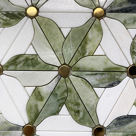 Waterjet Flower Pattern Marble Mosaic Brass Inlay Tile Mosaic Tile for Kitchen Backsplash and Bathroom Wall Tile