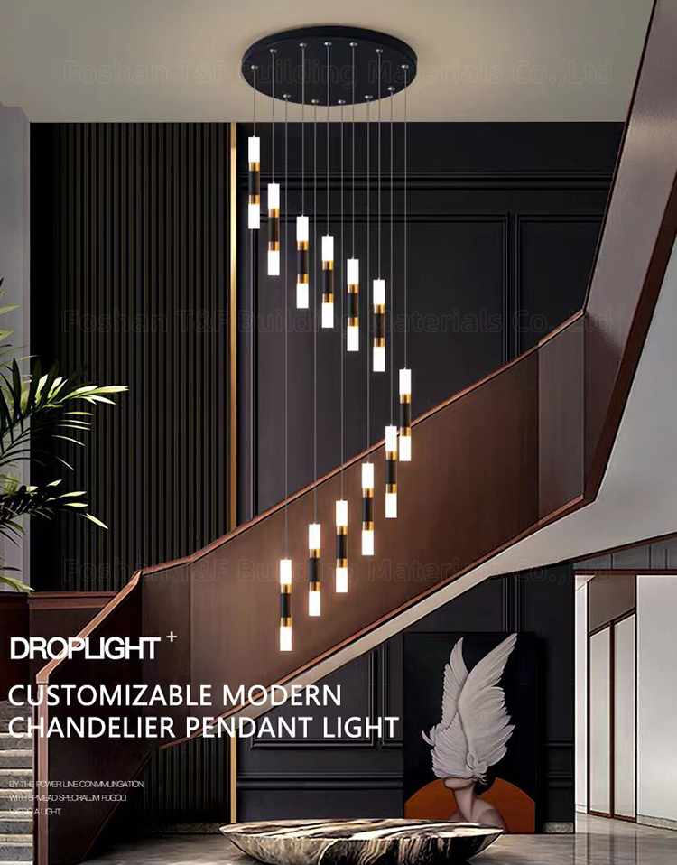 Modern Black Gold Spiral Staircase Ceiling Chandelier Indoor Hanging LED Foyer Pendant Lamp for Home