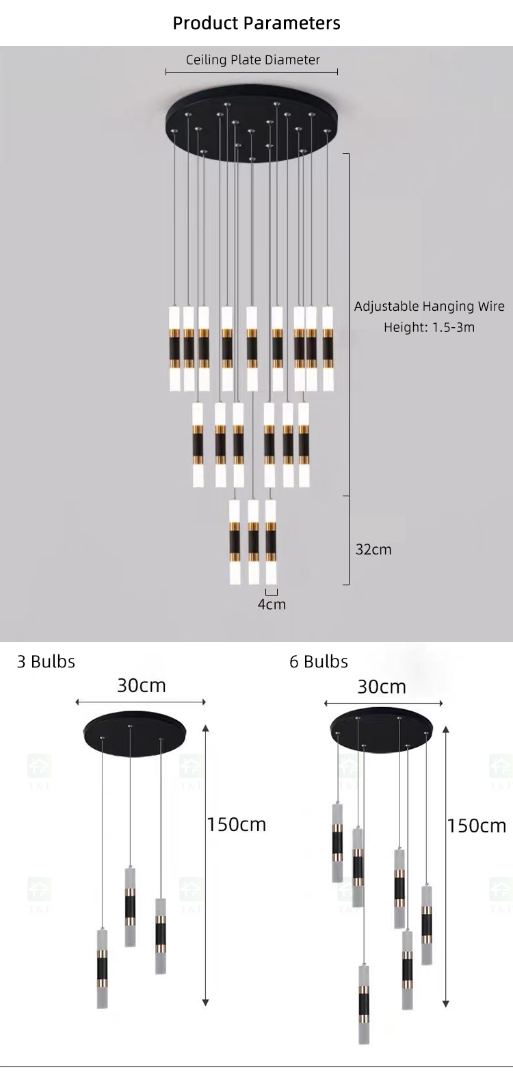 Modern Black Gold Spiral Staircase Ceiling Chandelier Indoor Hanging LED Foyer Pendant Lamp for Home