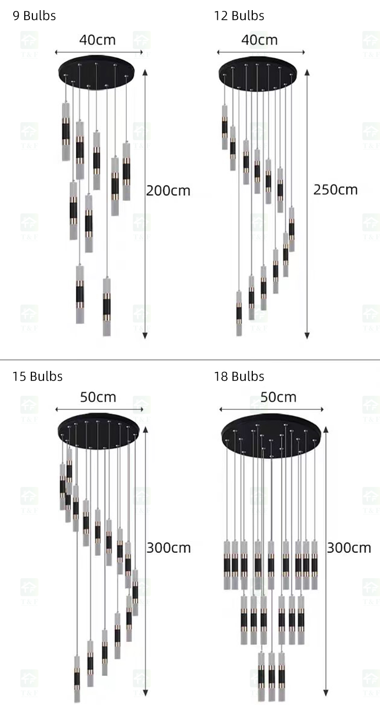 Modern Black Gold Spiral Staircase Ceiling Chandelier Indoor Hanging LED Foyer Pendant Lamp for Home