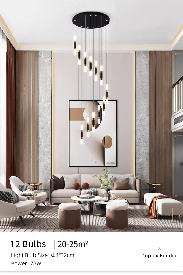 Modern Black Gold Spiral Staircase Ceiling Chandelier Indoor Hanging LED Foyer Pendant Lamp for Home