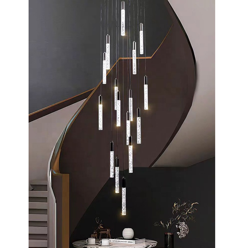 Customized Long Gold Modern Loft Duplex Led Ceiling Pendant Light Lobby Hanging Crystal Staircase Chandelier