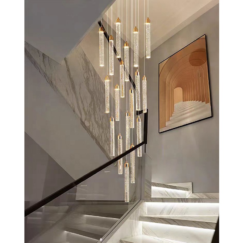 Customized Long Gold Modern Loft Duplex Led Ceiling Pendant Light Lobby Hanging Crystal Staircase Chandelier