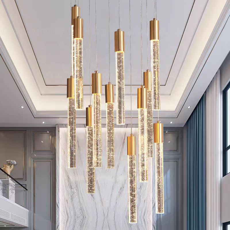 Customized Long Gold Modern Loft Duplex Led Ceiling Pendant Light Lobby Hanging Crystal Staircase Chandelier
