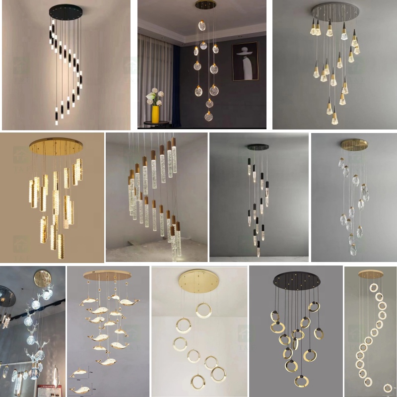 Customized Long Gold Modern Loft Duplex Led Ceiling Pendant Light Lobby Hanging Crystal Staircase Chandelier